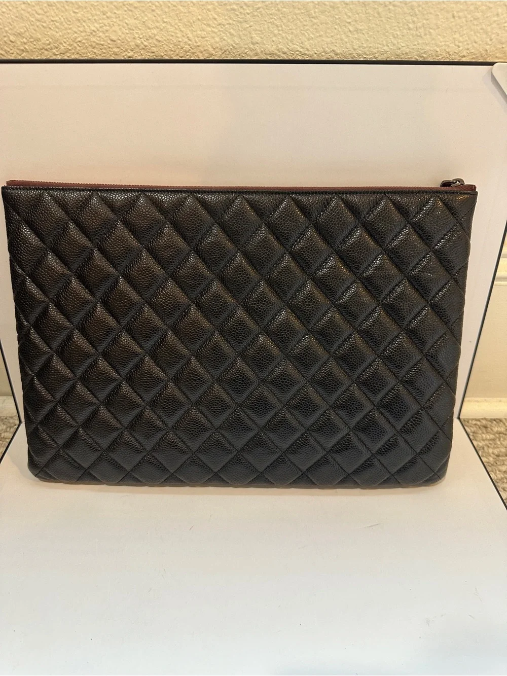 Chanel Large O-Case Black Caviar Leather Quilted Zip Pouch Burgundy Interior
